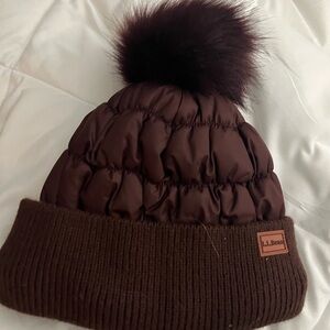Nwt L.L. Bean Brown Quilted Beanie with Pom-Pom